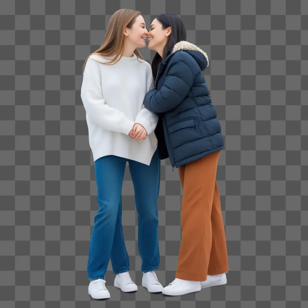 Two girls kiss on the cheek as best friends