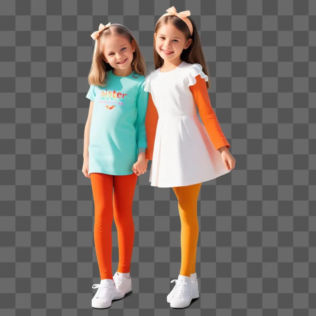 Two girls pose in sister outfits against a beige background