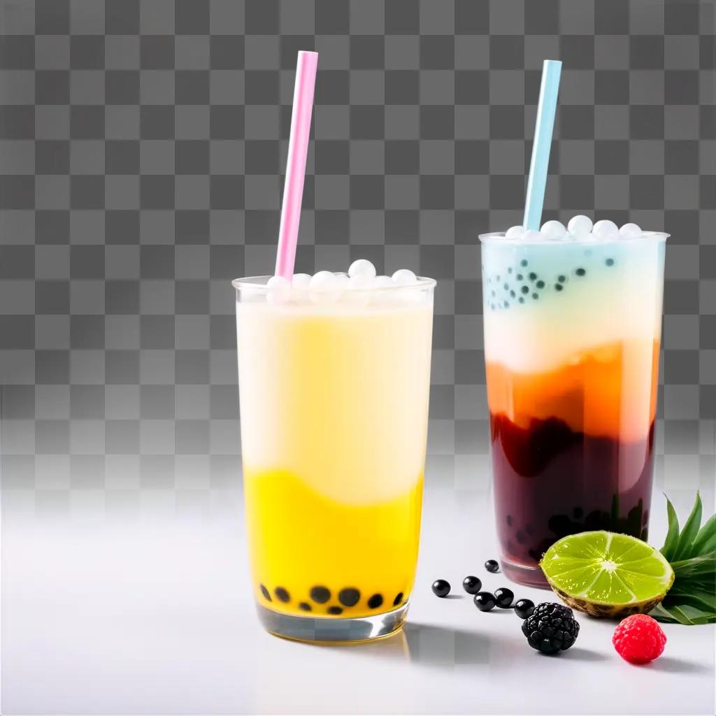 Two glasses of bubble tea with fruits and ice