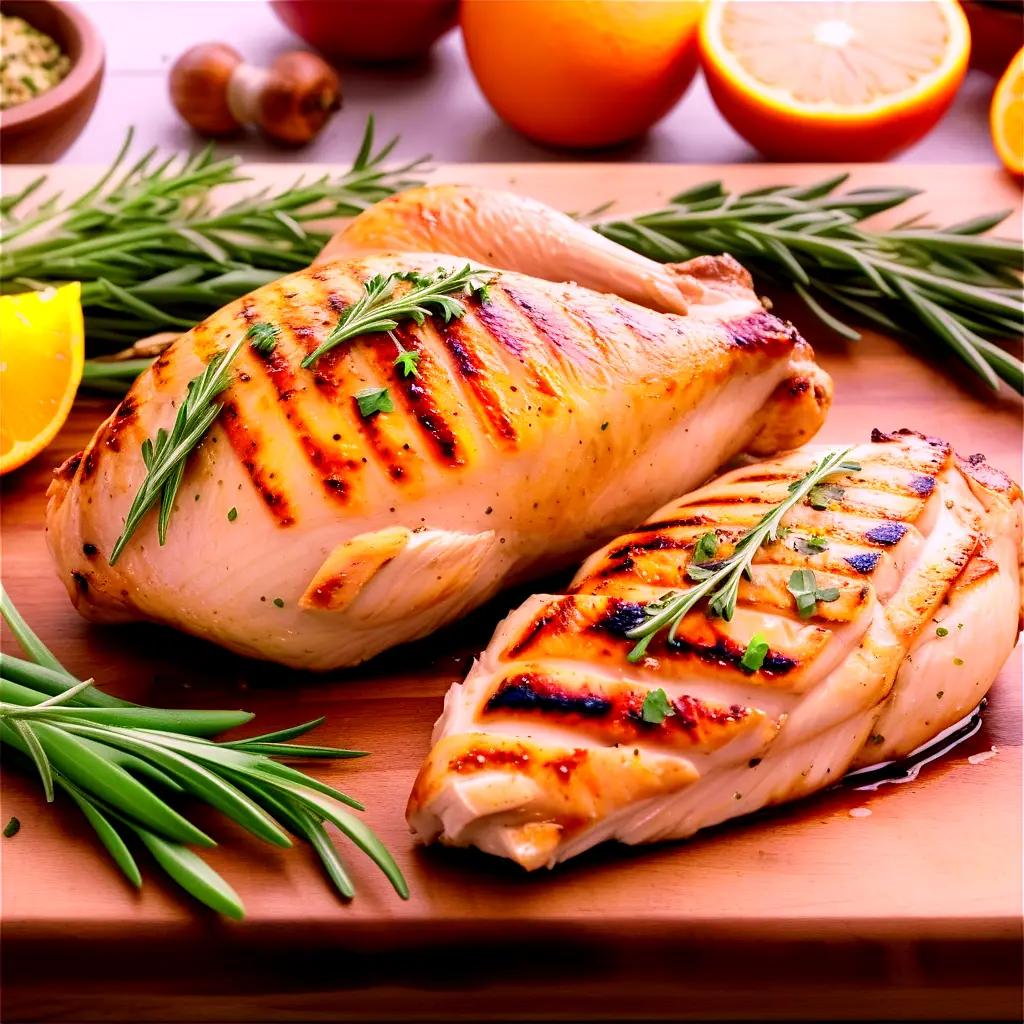 Two grilled chicken breasts on a cutting board with herbs