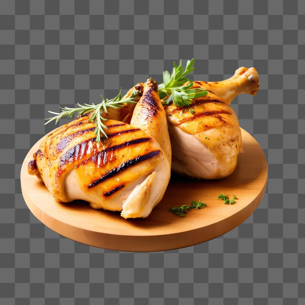 Two grilled chicken breasts on a wooden board