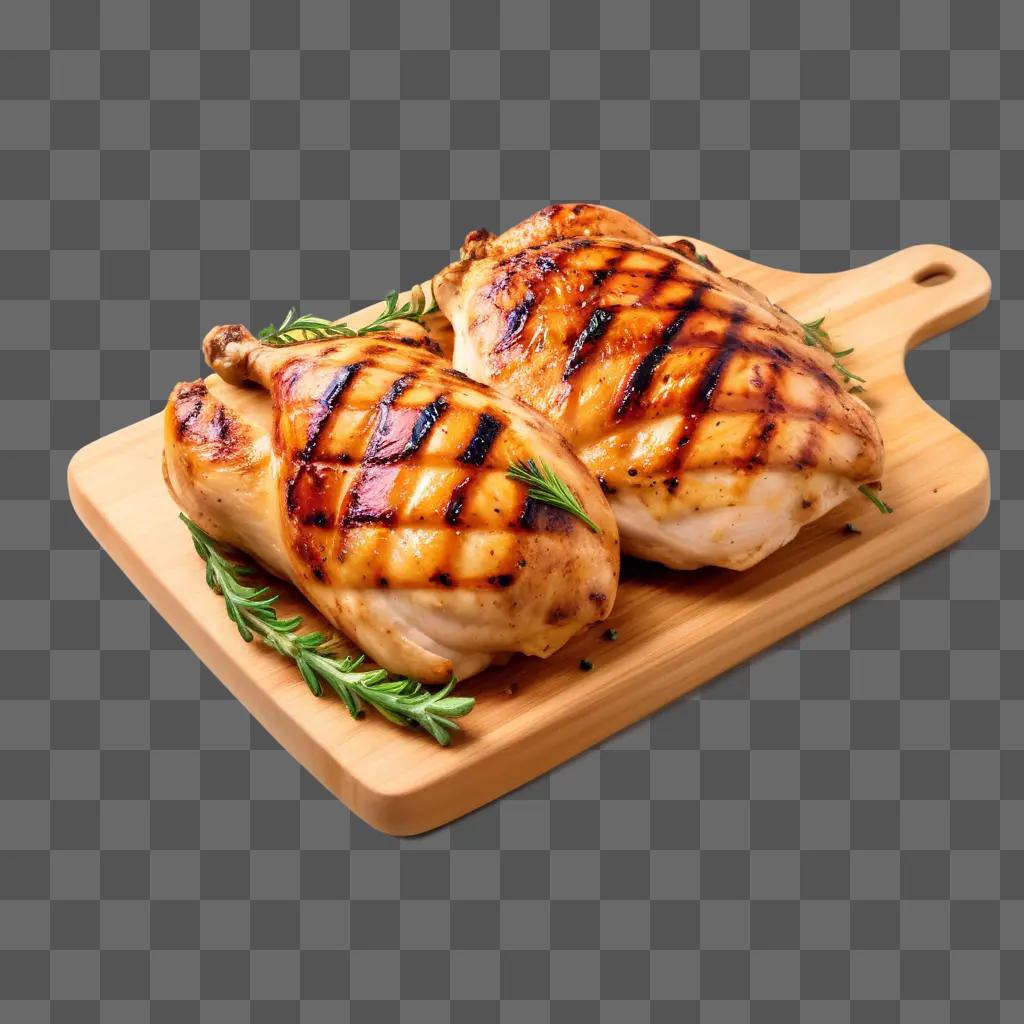 Two grilled chicken breasts sit on a wooden board