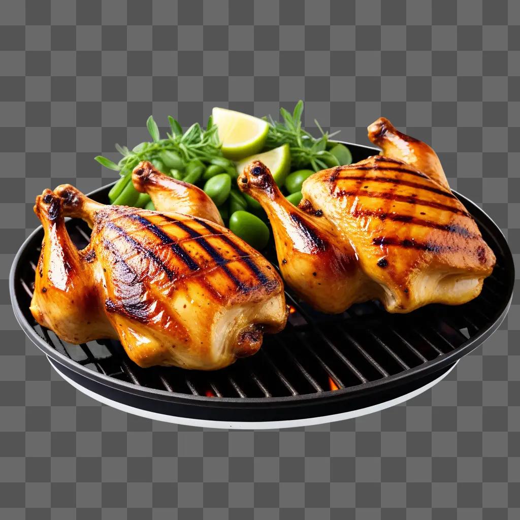 Two grilled chicken on a black tray with green vegetables