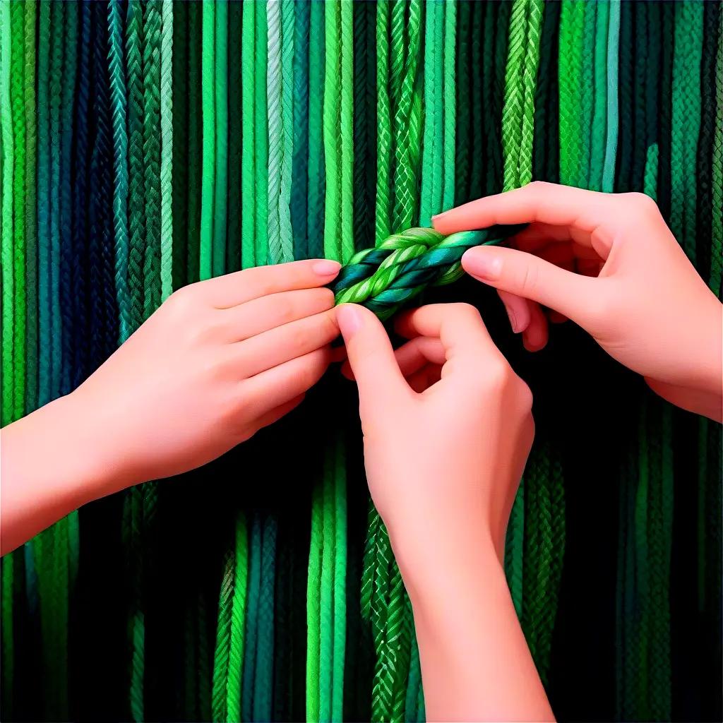 Two hands braiding a green rope against a green background