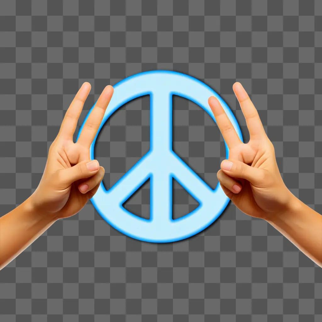 Two hands hold a peace sign in a light blue glow