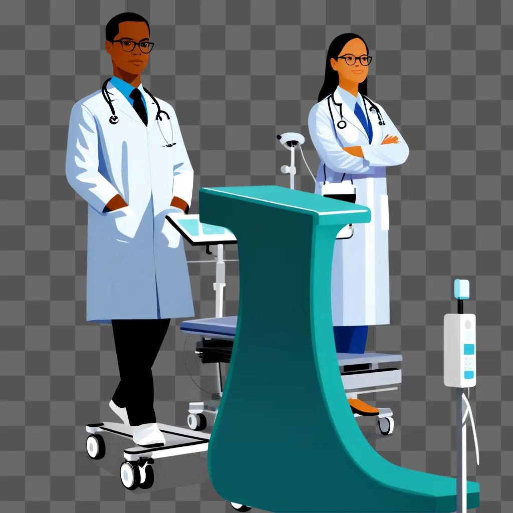 Two healthcare professionals stand in front of a medical cart