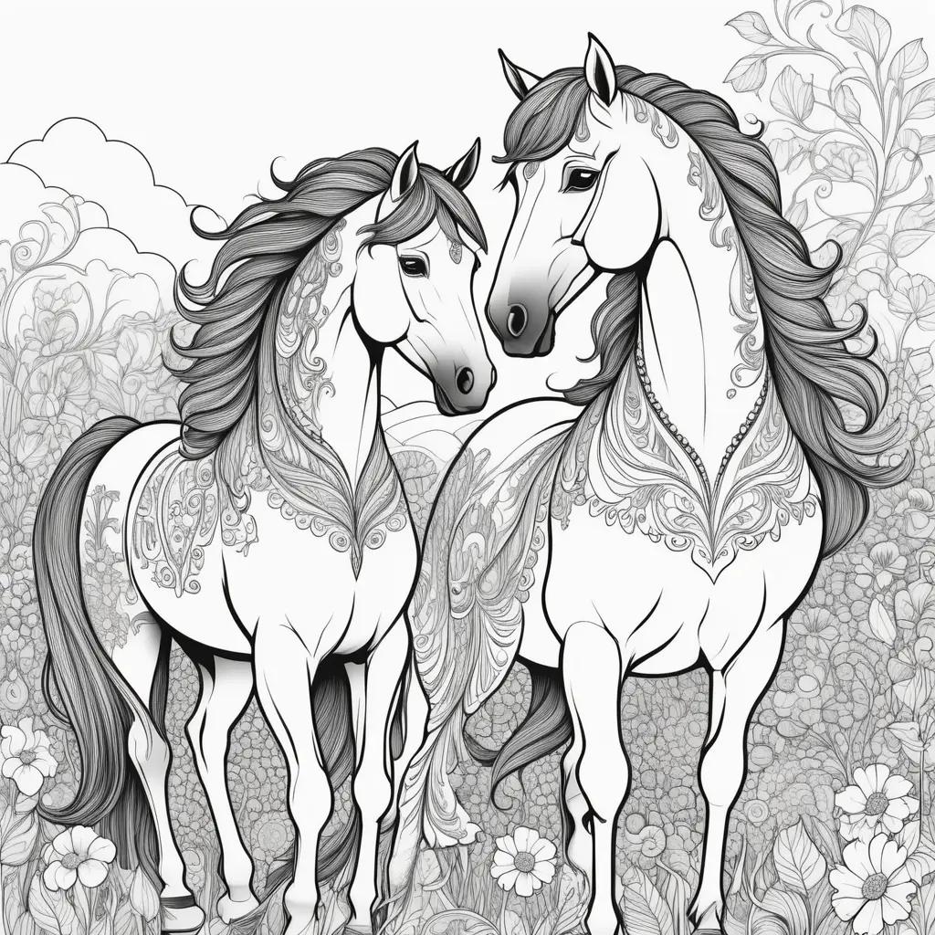 Two horses share a moment in a field of flowers