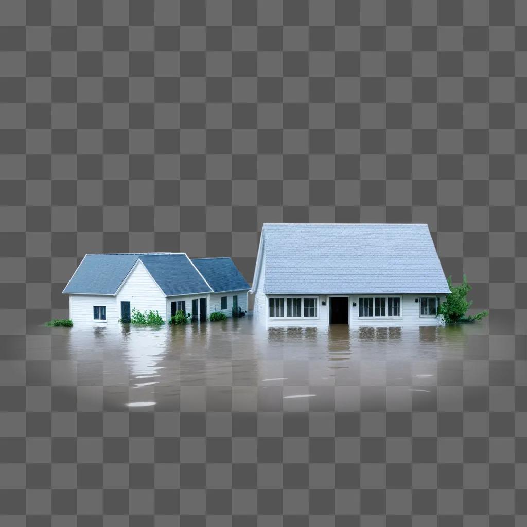 Two houses under flood water in a gray sky