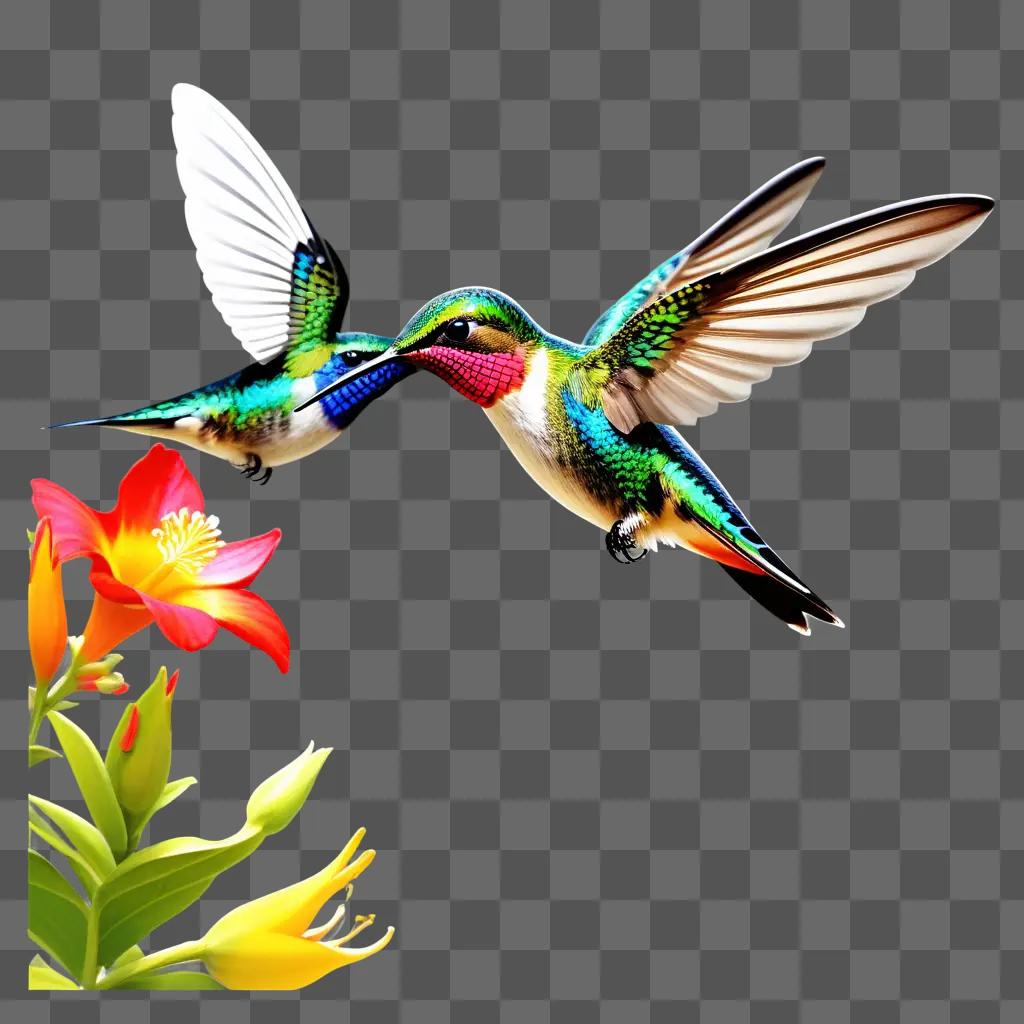 Two hummingbirds flirting with a flower