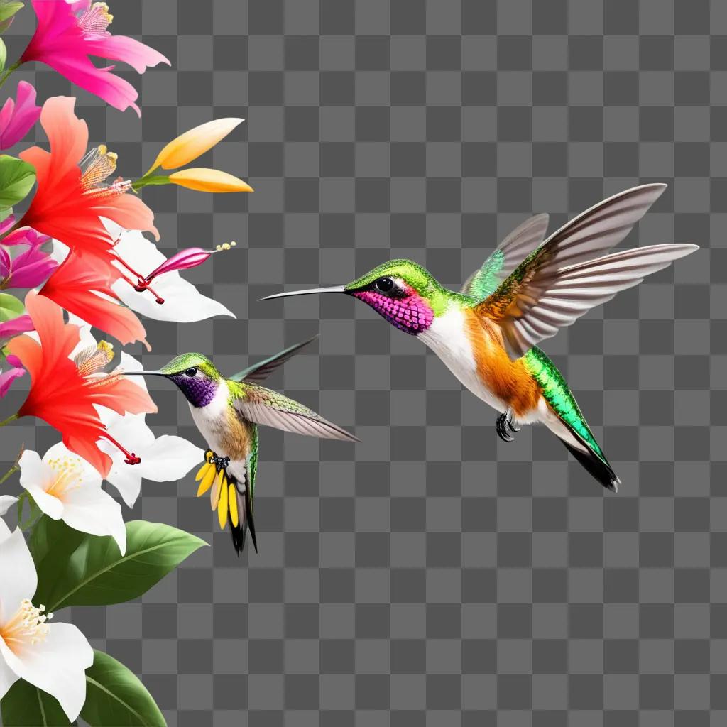 Two hummingbirds fly over pink flowers