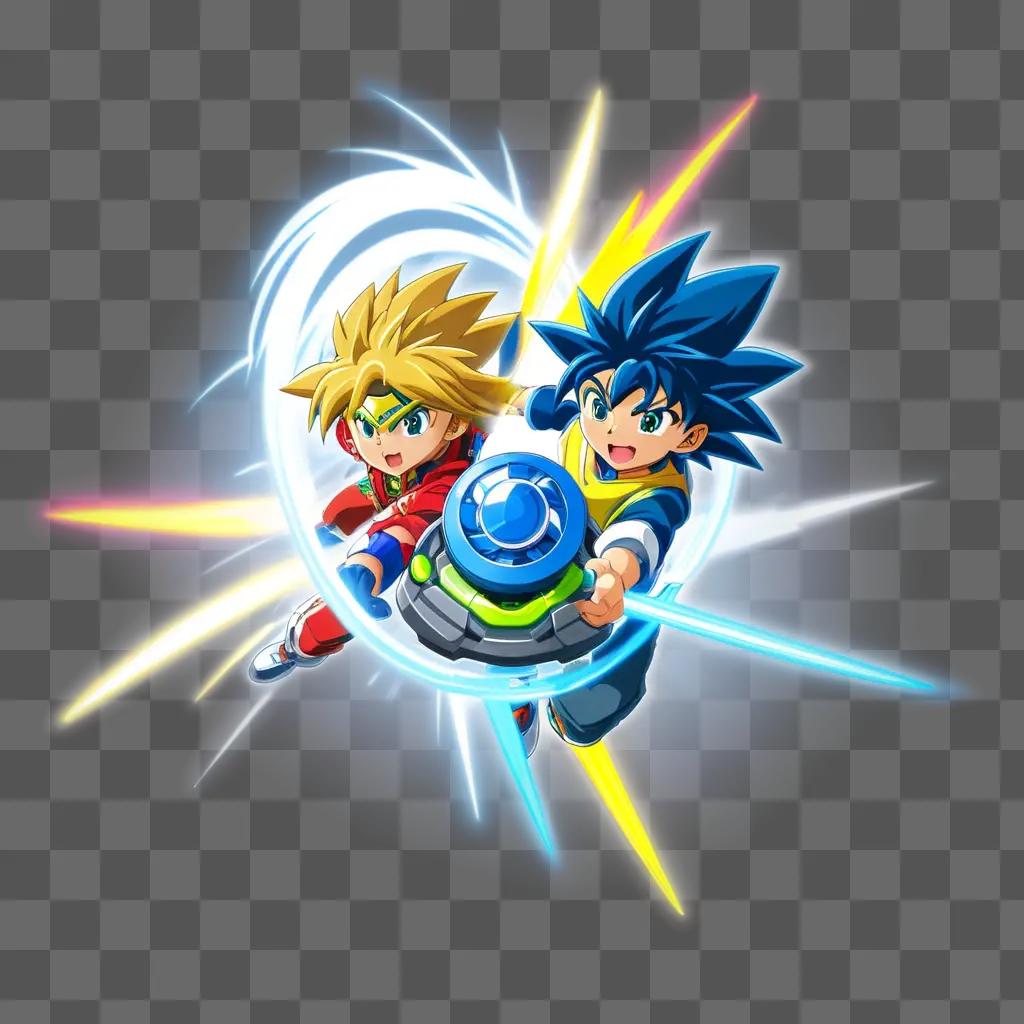 Two kids battle in a Beyblade game