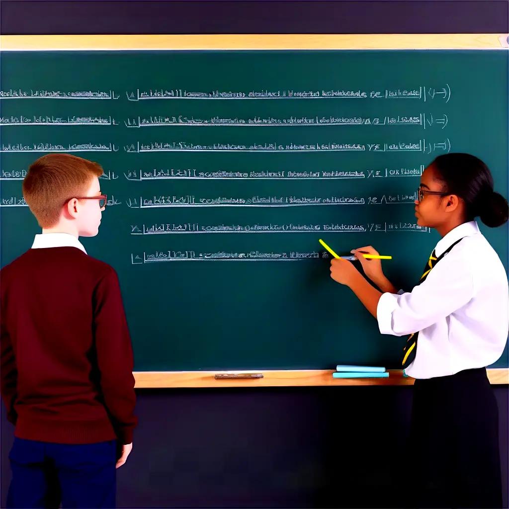 Two kids standing in front of a chalkboard