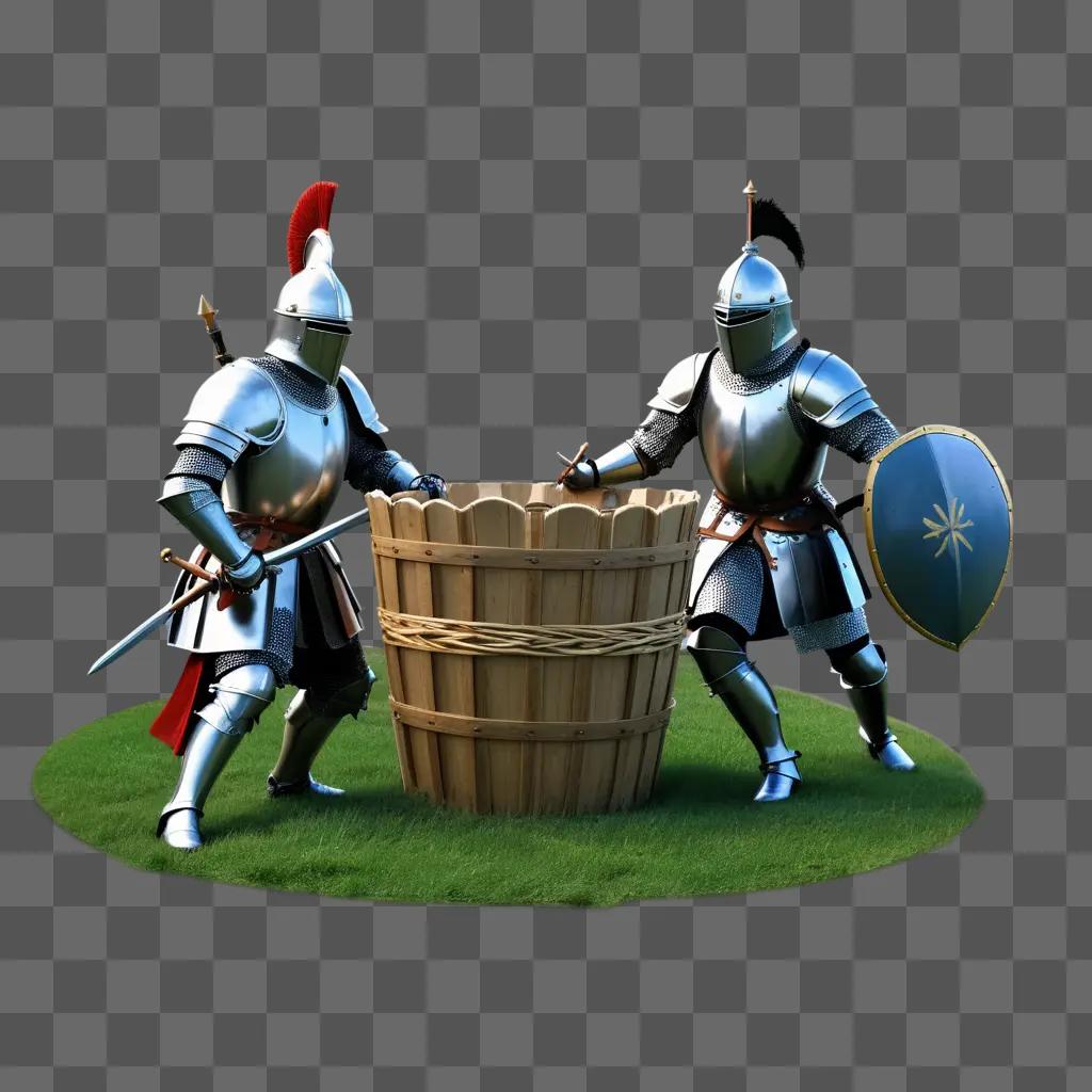 Two knights in armor with a wooden chest