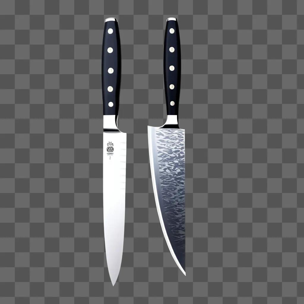 Two knives hanging next to each other on a grey background