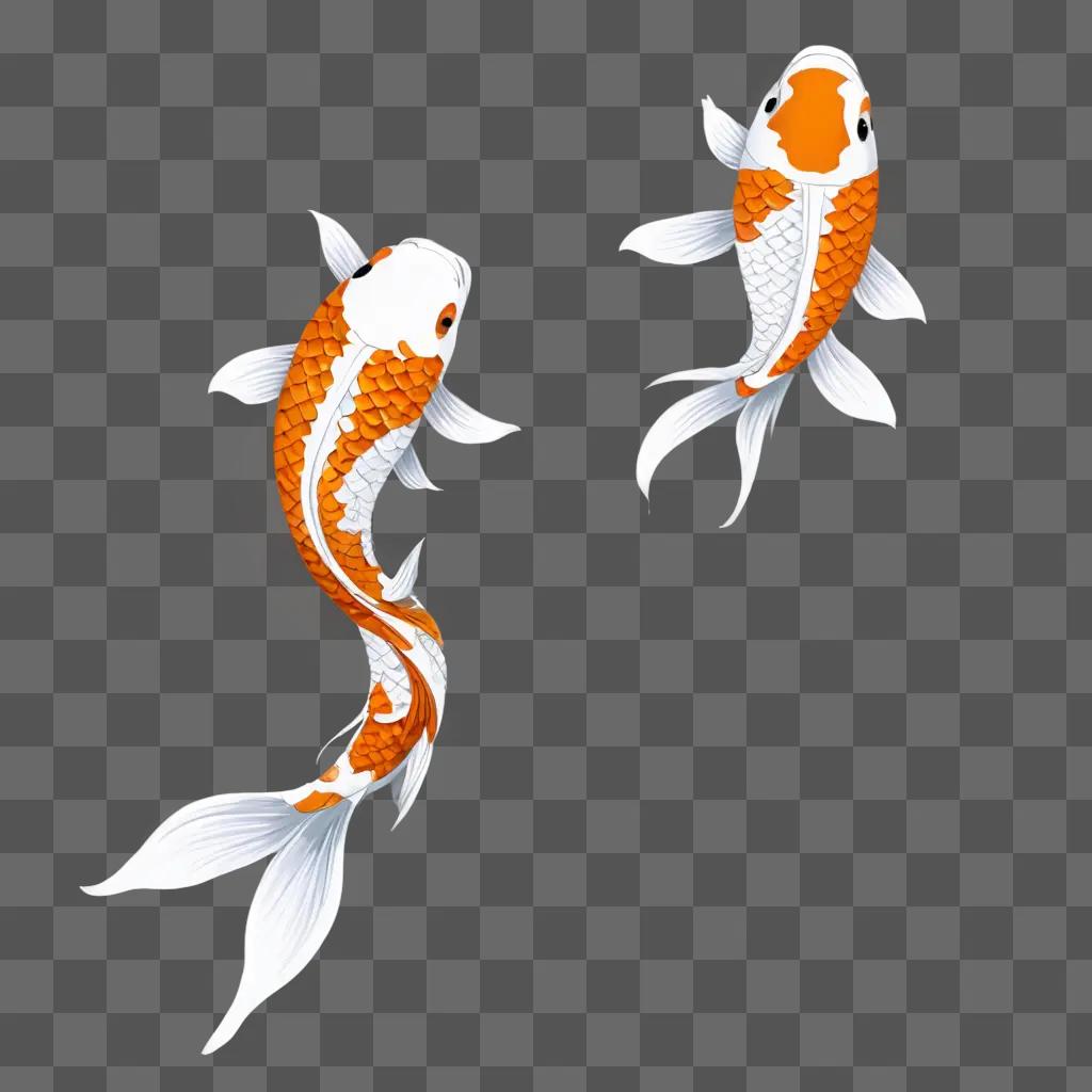 Two koi fish with orange and white coloring on a beige background