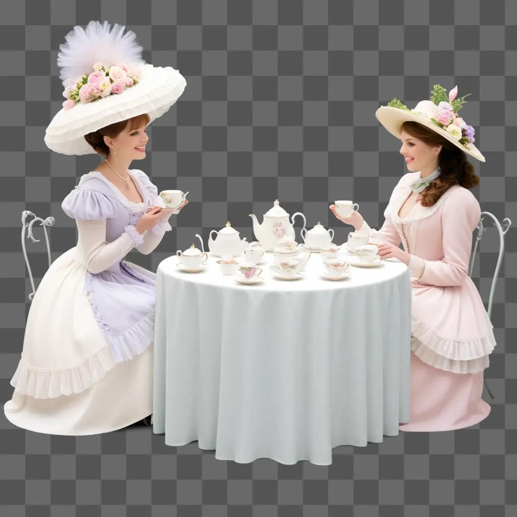 ティーカップとソーサーを置いたテーブルでお茶会を楽しむ2人の女性