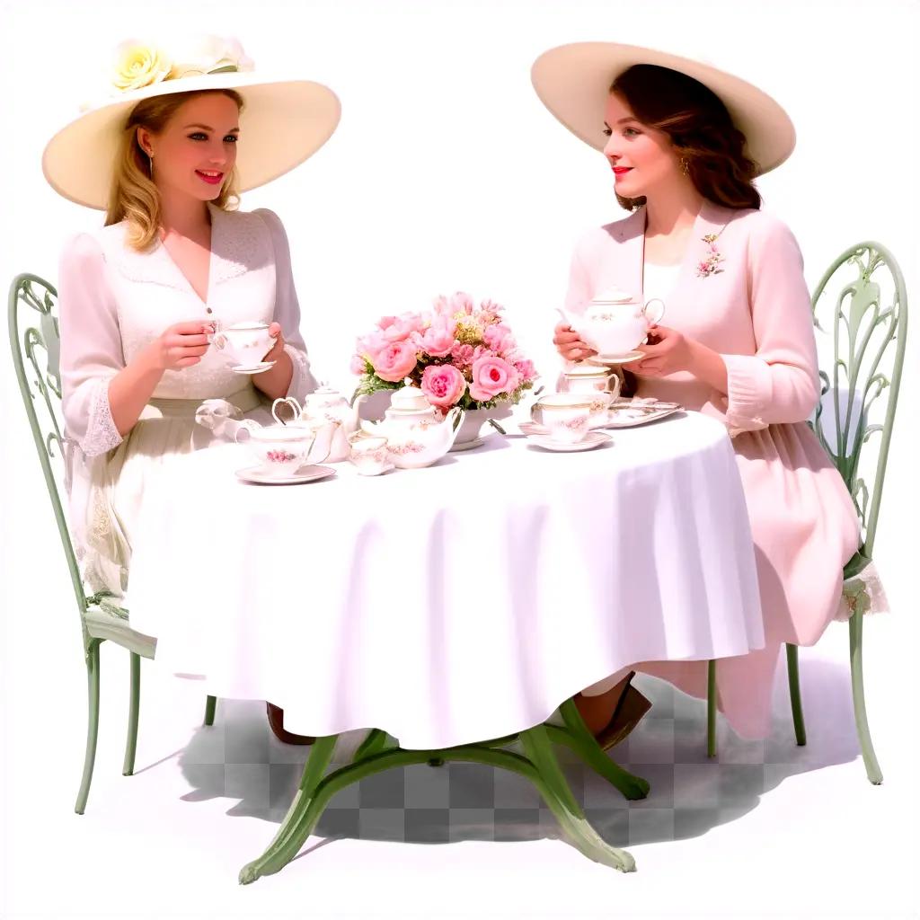 Two ladies having tea party on table