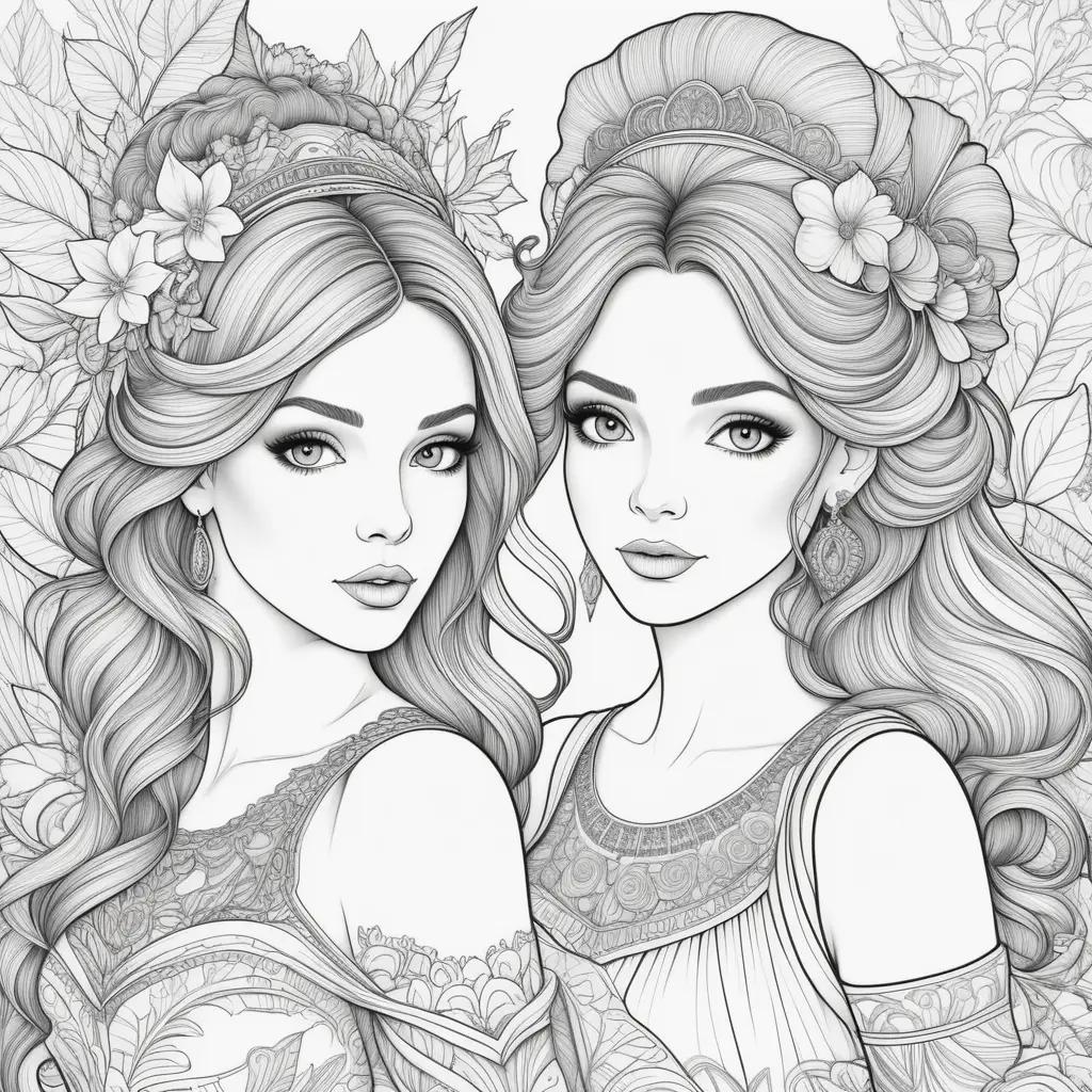 Two ladies in black and white coloring pages