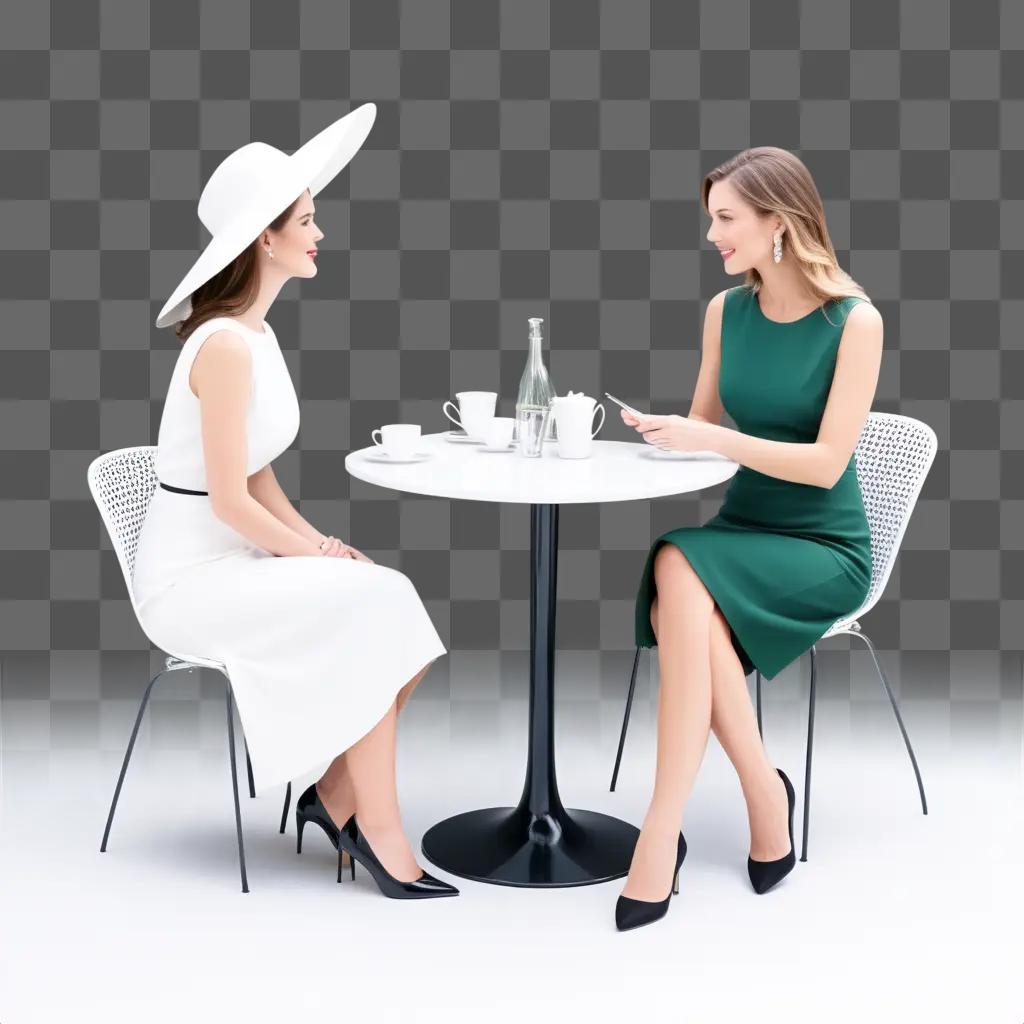 Two ladies sit at a white table for a coffee date