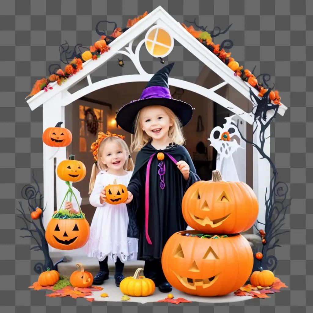 Two little girls in Halloween costumes with trick or treat pumpkins