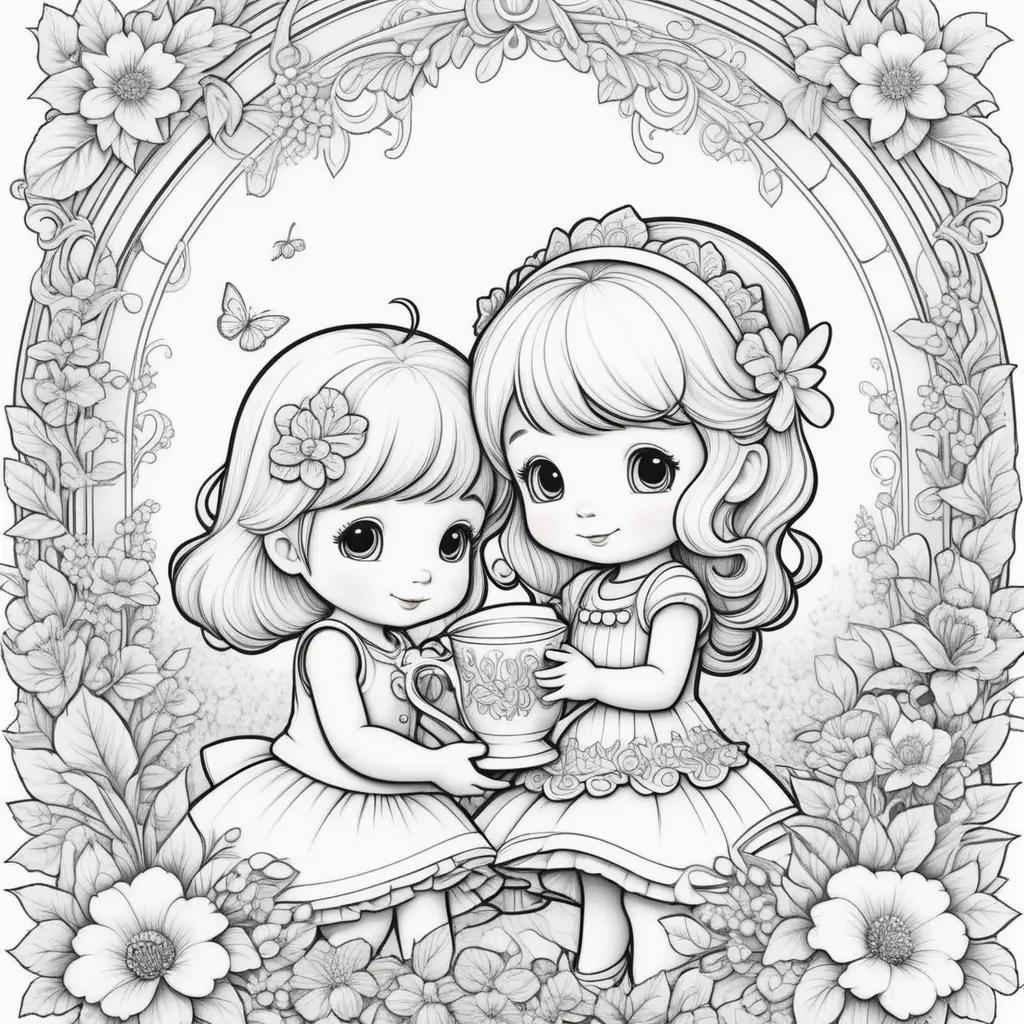 Two little girls in a circle with a cup and flowers