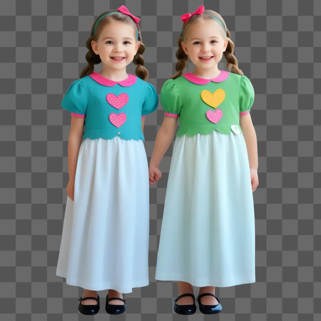 Two little girls wearing matching dresses and holding hands