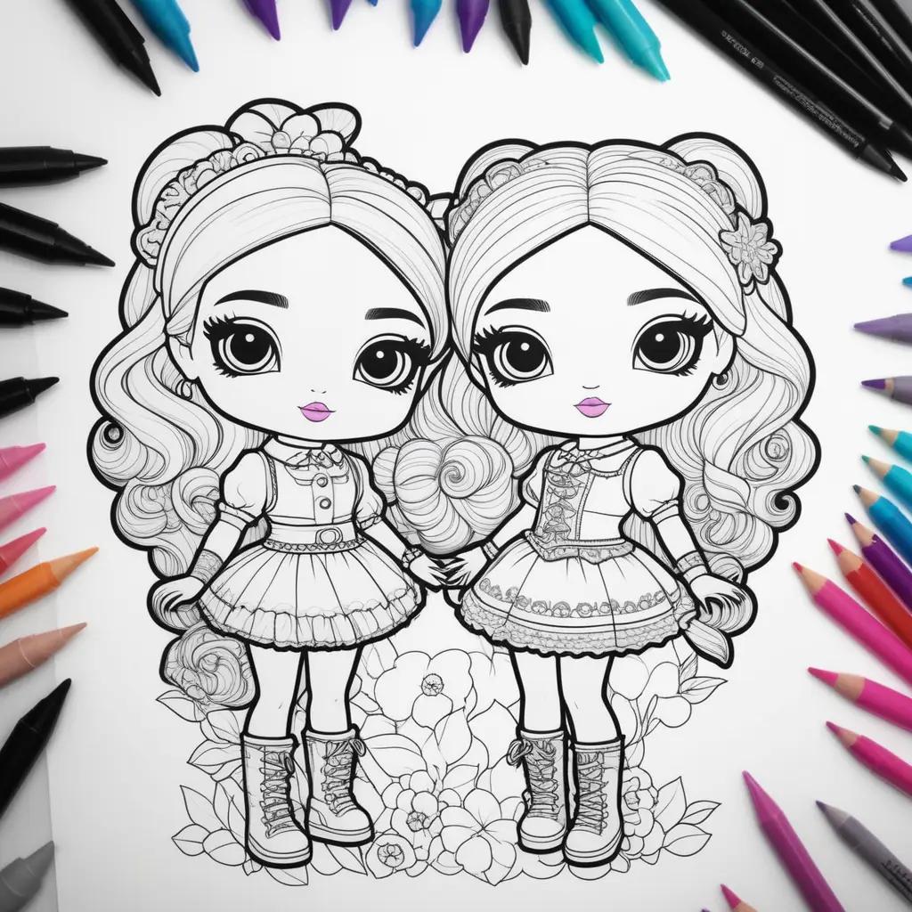 Two lollipop dolls in black and white coloring pages