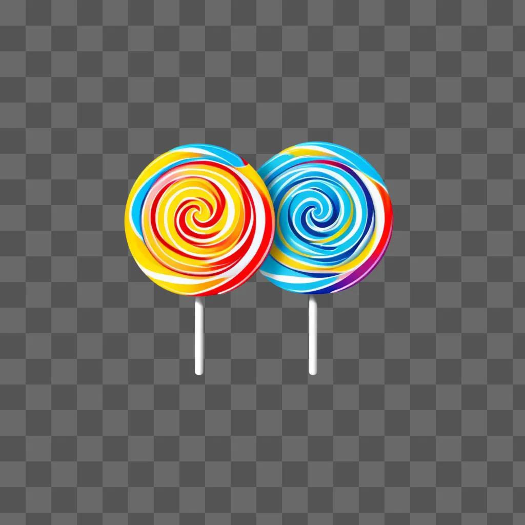 Two lollipops on a grey background with multicolored swirls