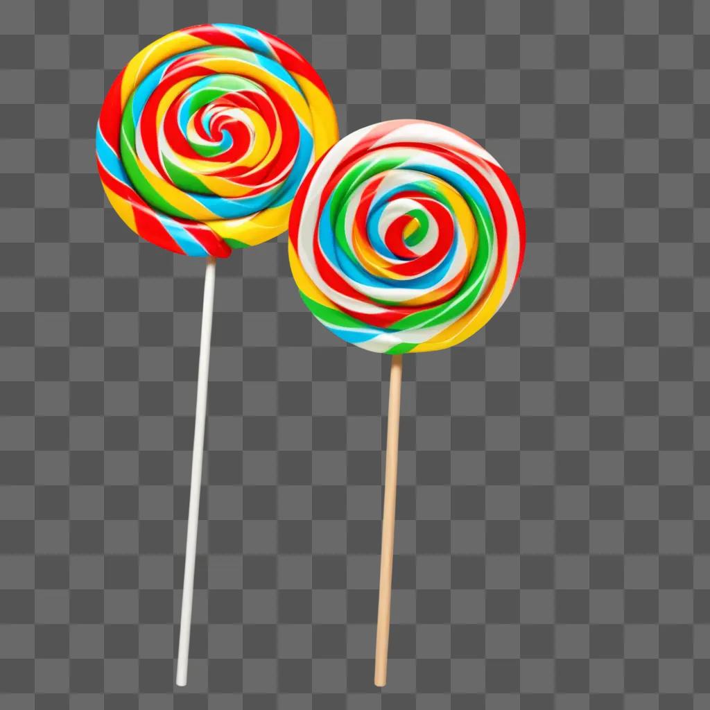 Two lollipops with rainbow swirls on a beige background