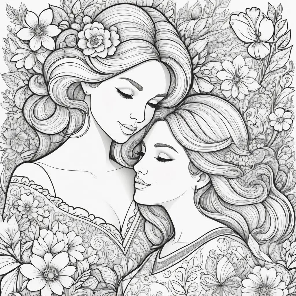 Two lovely ladies sharing a moment, coloring pages for Mothers Day