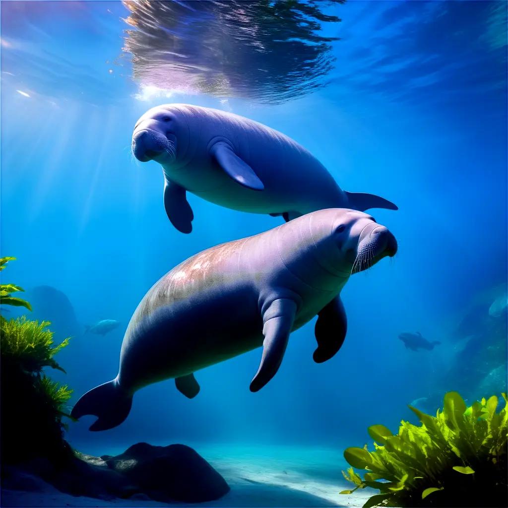 Two manatees swim in clear water with sunlight