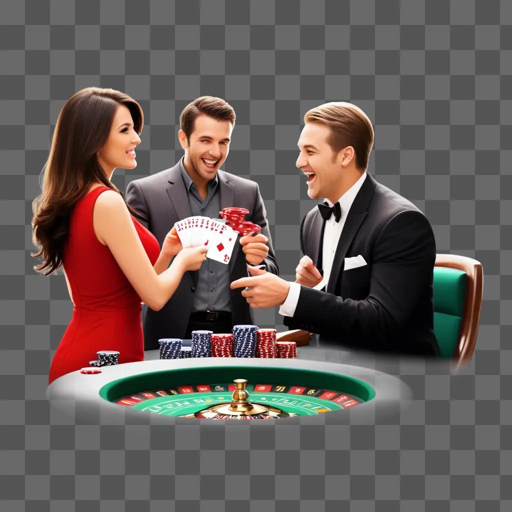 Two men and a woman are gambling at a casino table