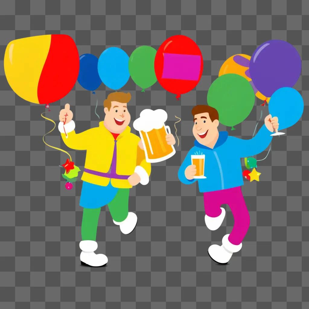 Two men celebrating with balloons and drinks