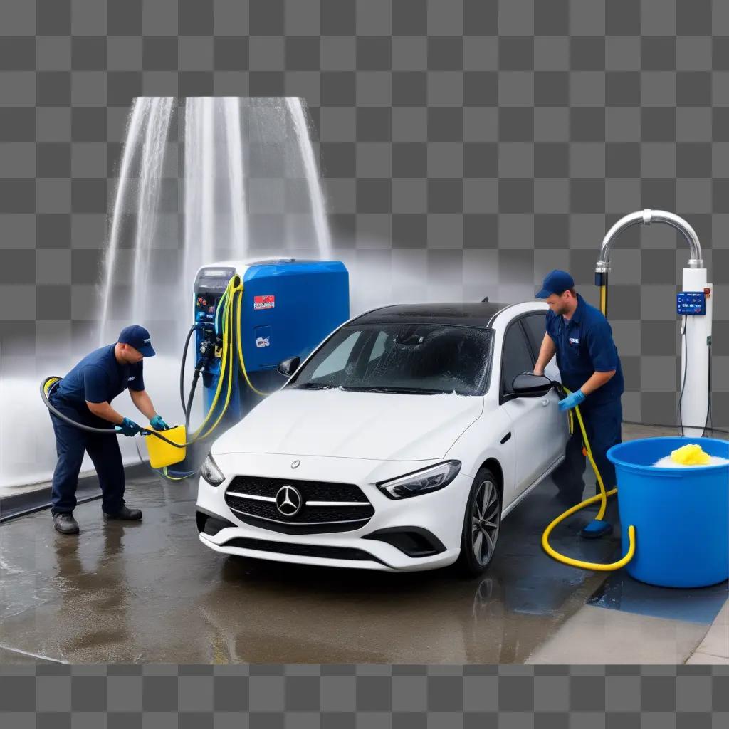 Two men cleaning a car in a shop