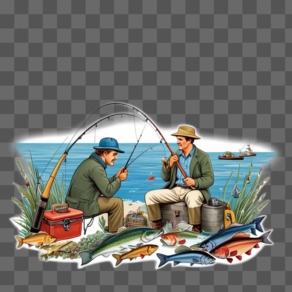 Two men fishing in the ocean, with fish on the side