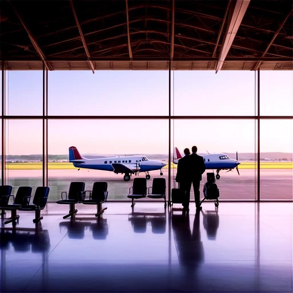 Two men in a terminal, looking out of a window