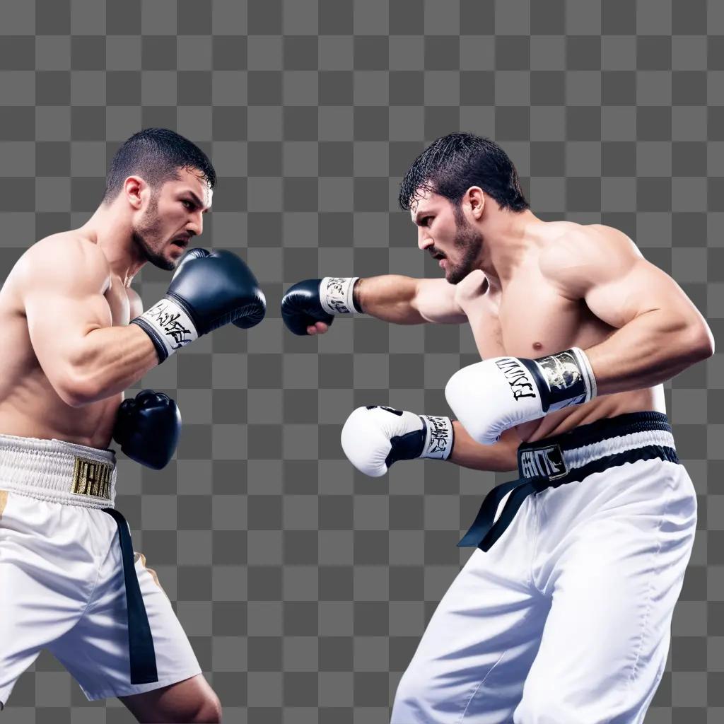 Two men in black gloves engaged in a boxing match