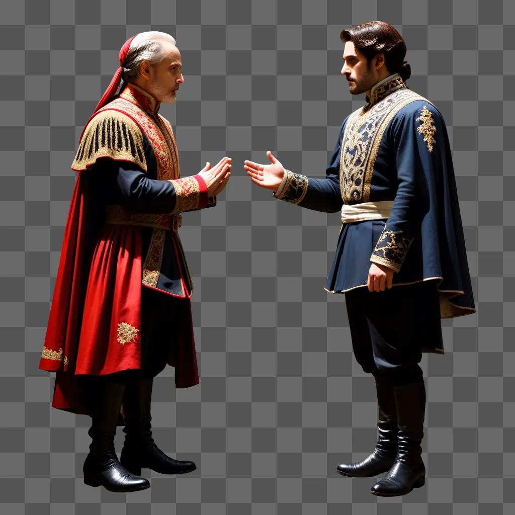 Two men in costumes, one in a red and one in a blue, engage in a dramatic conversation