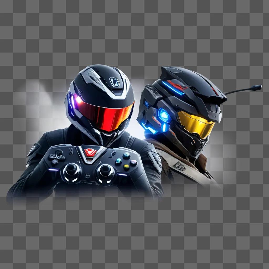 Two men in helmets and suits play video games