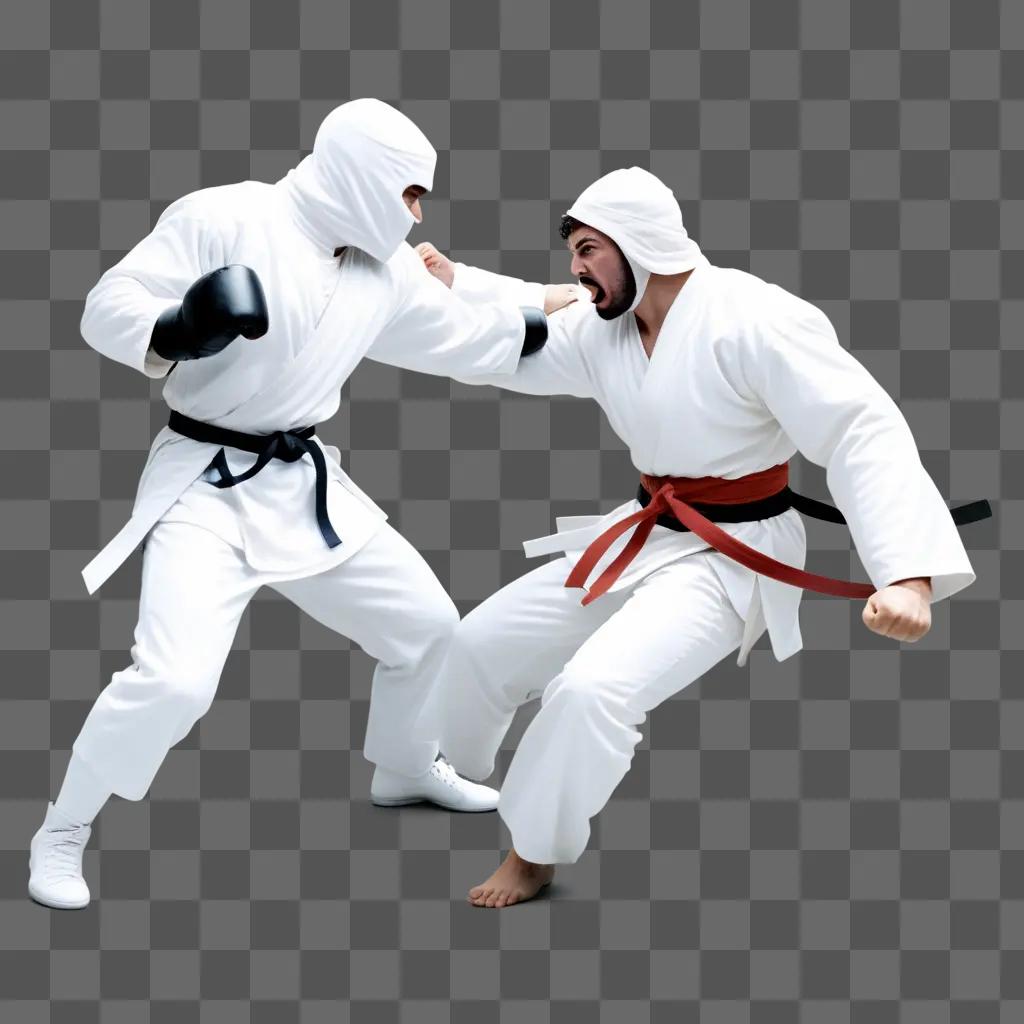 Two men in karate gear engage in a fight