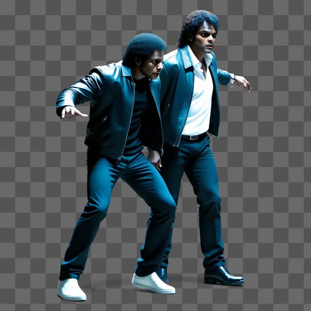 Two men in leather jackets and jeans dance in a dark room