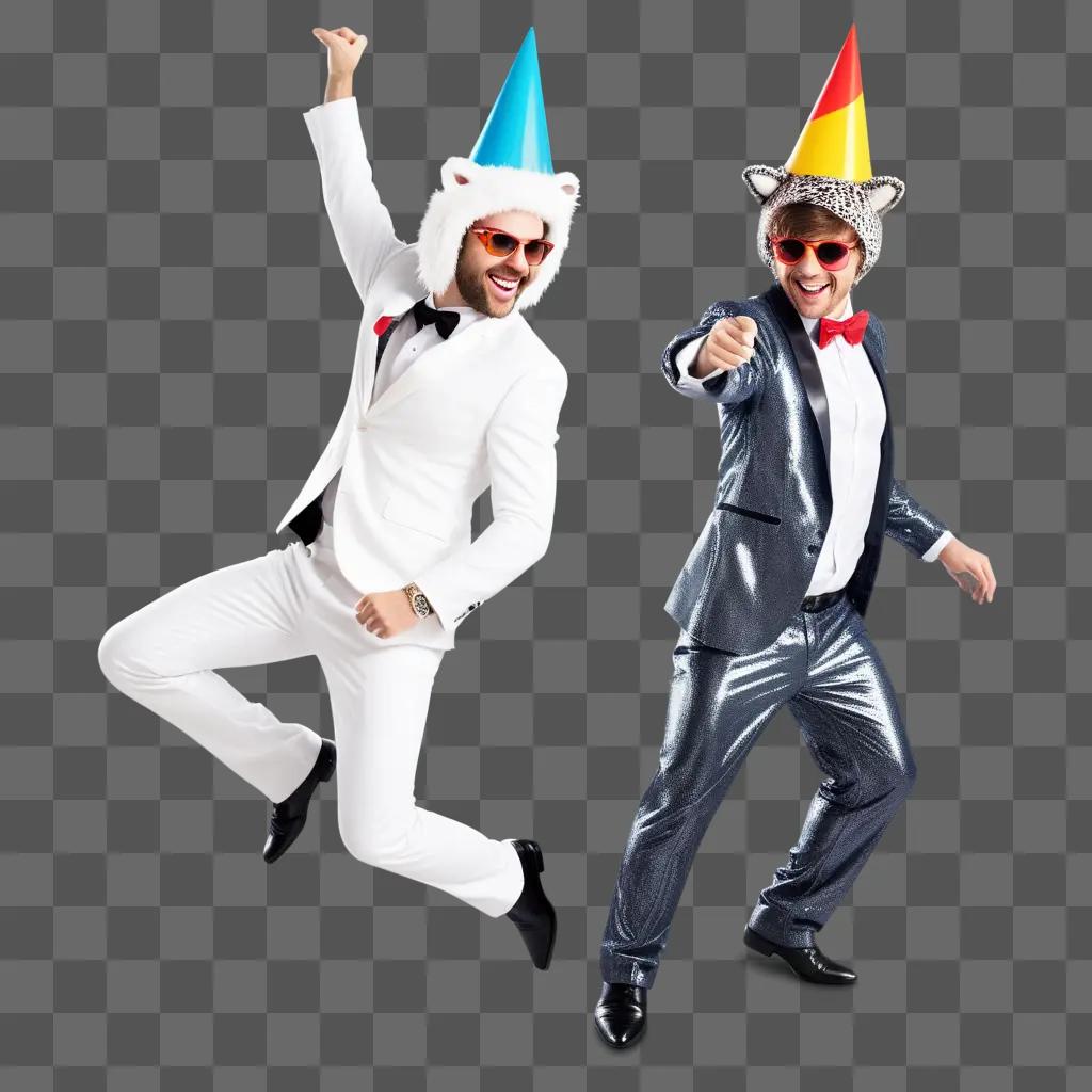 Two men in party animal outfits dance together