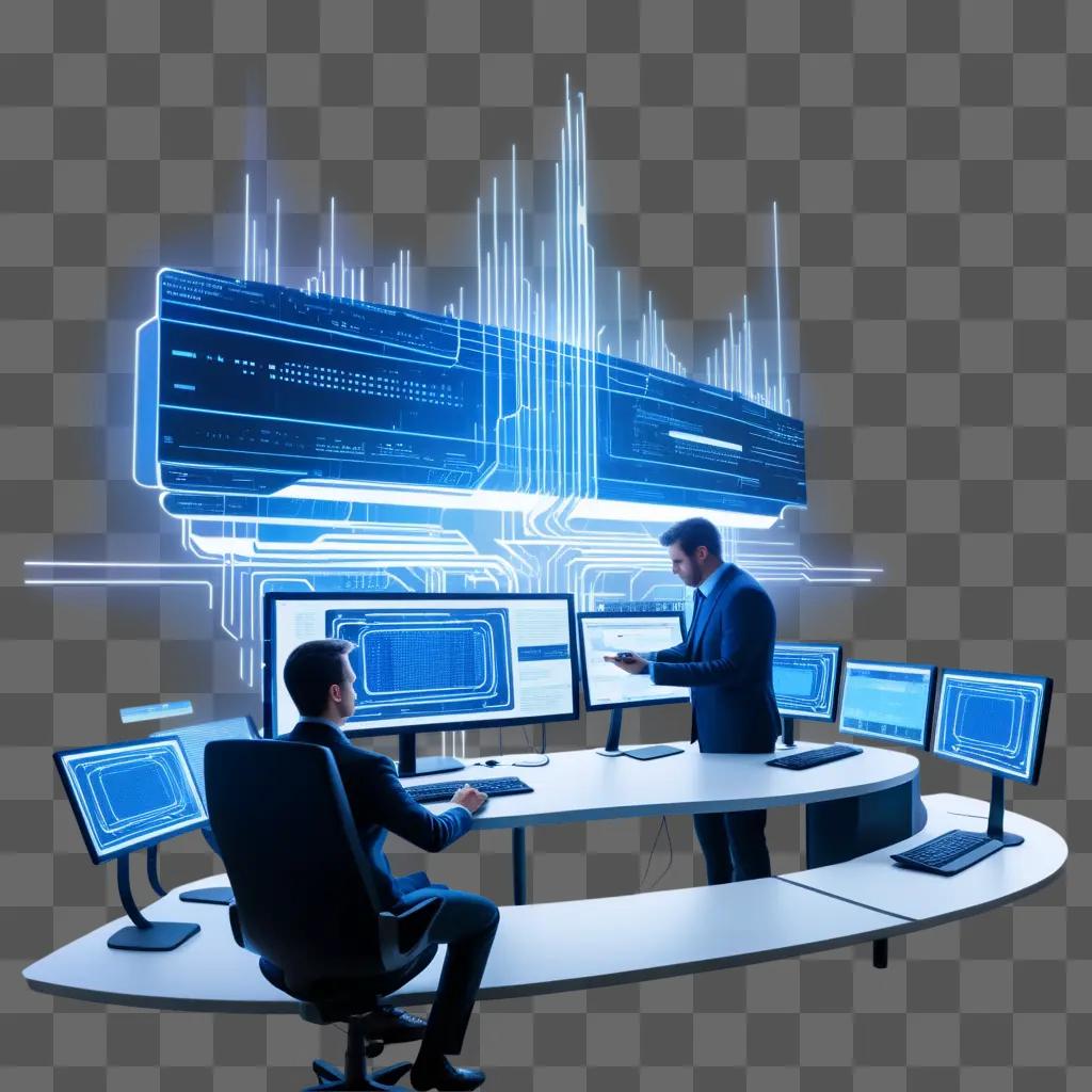 Two men in suits, working at computer monitors, in a room with a large cyber security graphic