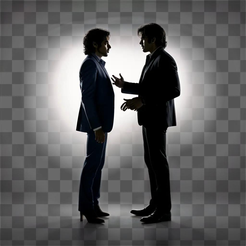 Two men in suits stand in silhouette in a dark room