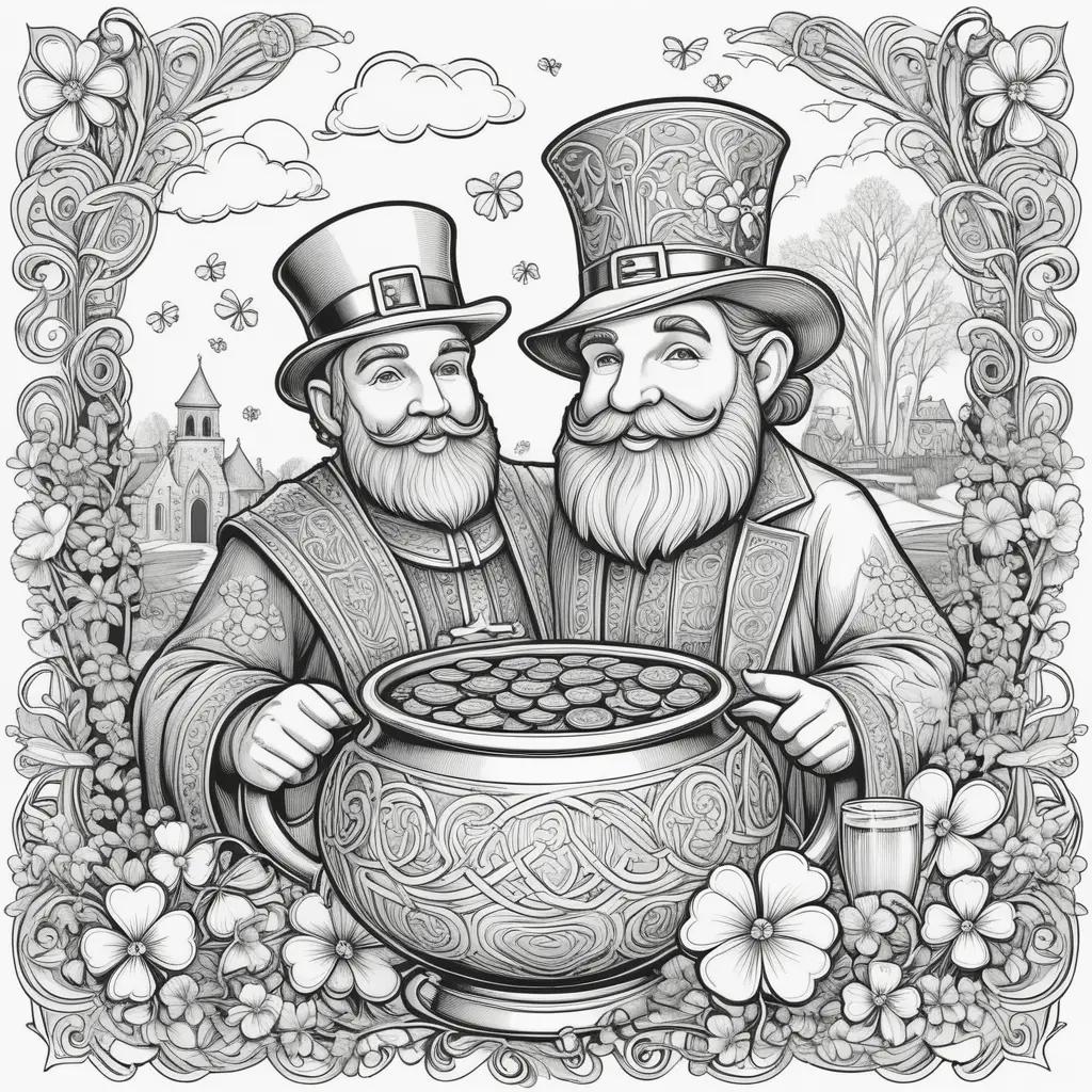 Two men in top hats stand over a pot of gold coins on a colorful St. Patricks Day page