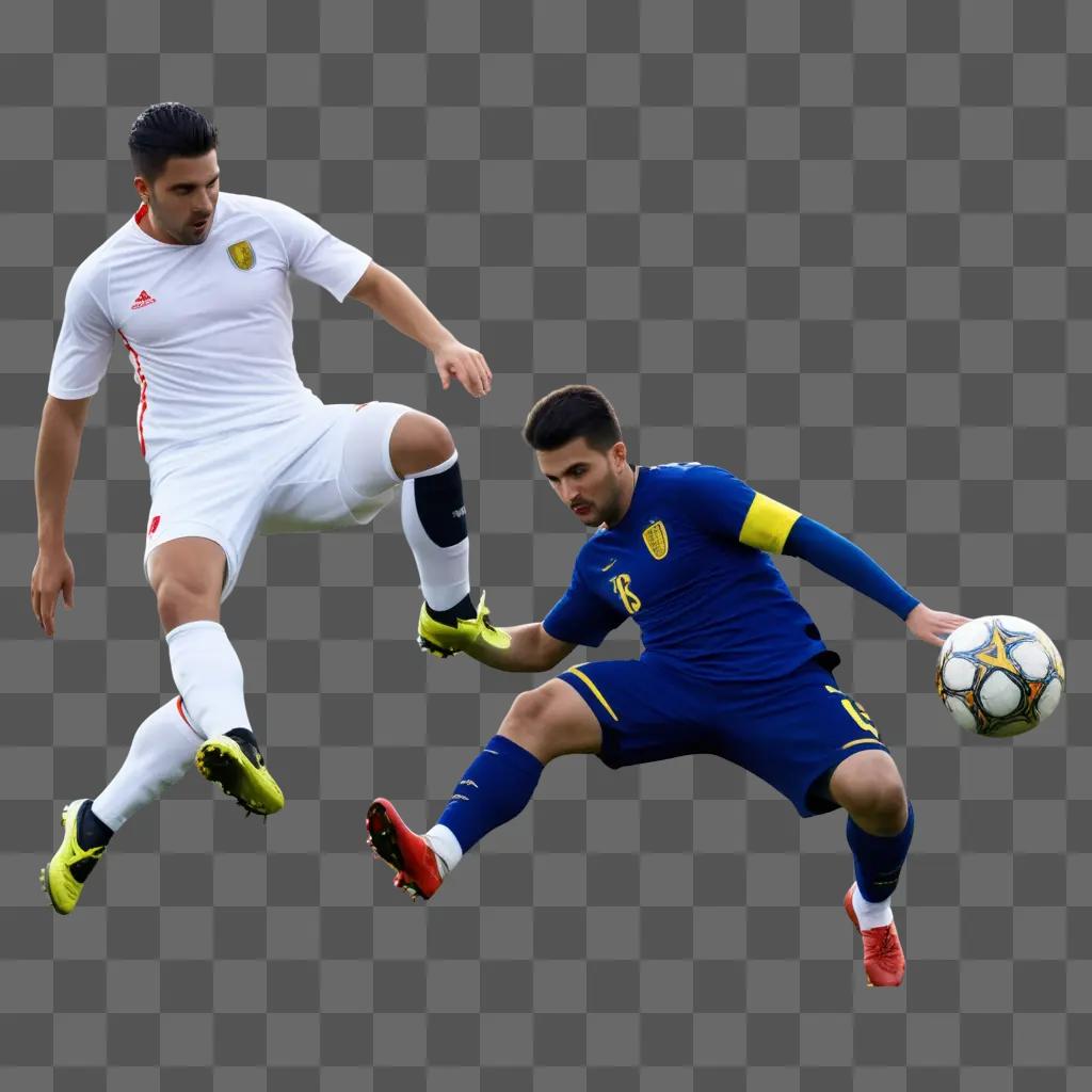 Two men play soccer on a gray field