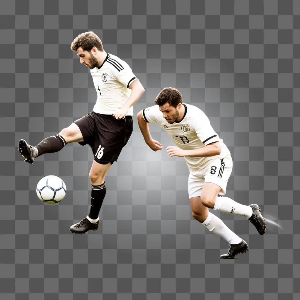 Two men playing soccer in a gray background