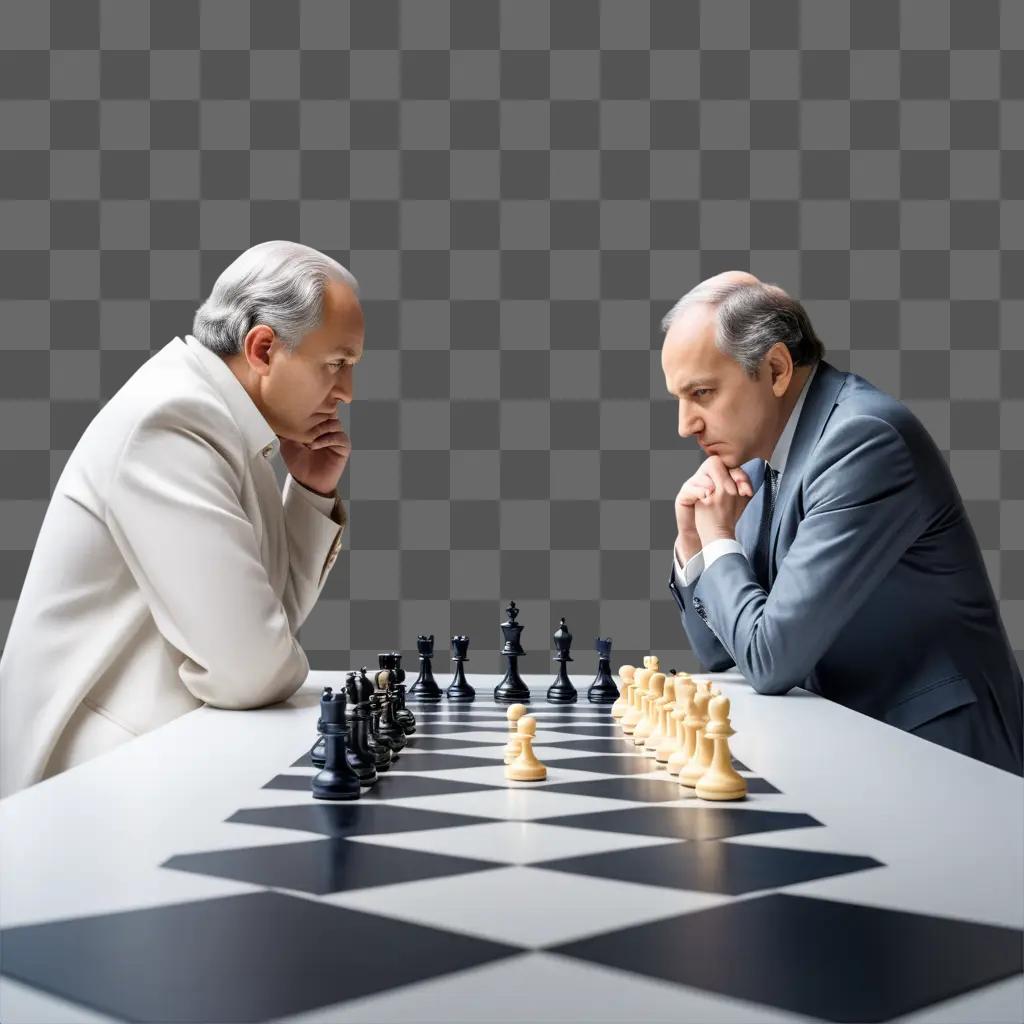 Two men strategize over chess game