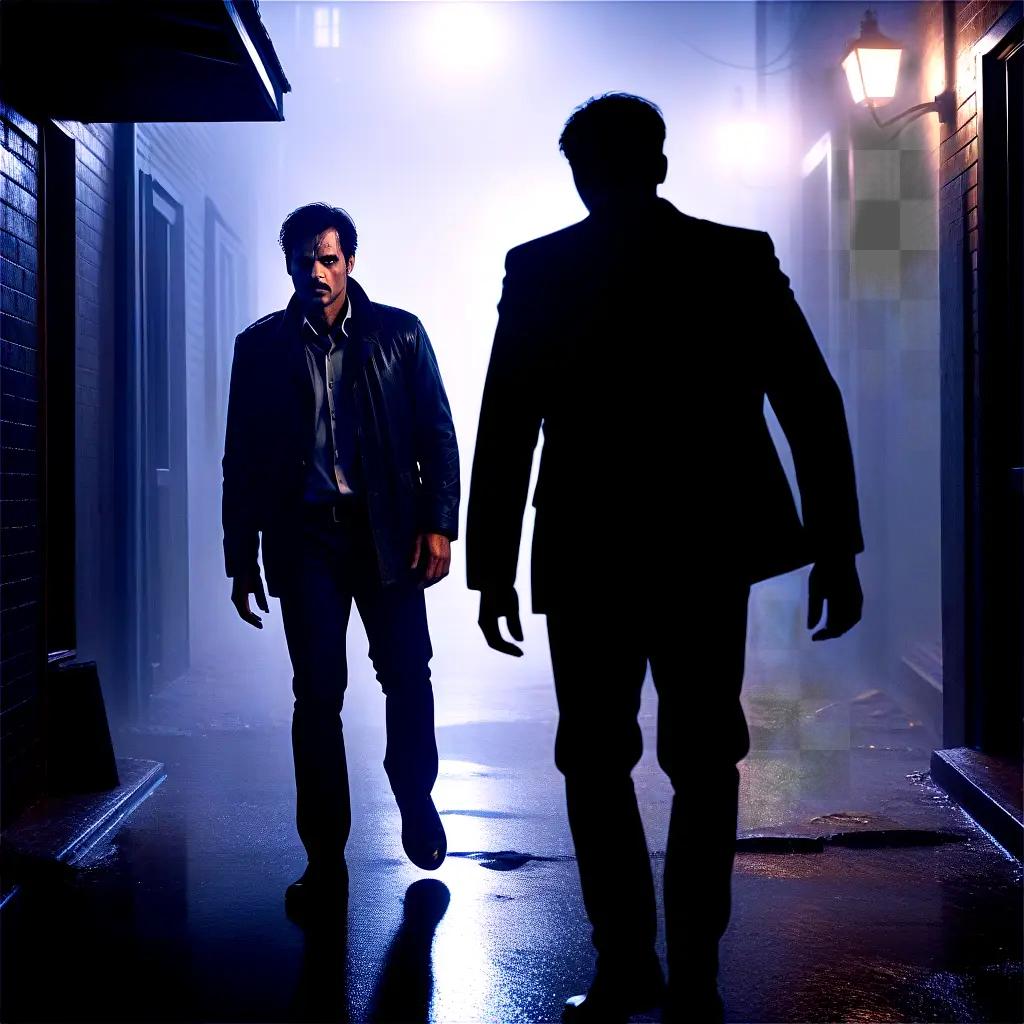 Two men walk in a dark alley in a thriller movie