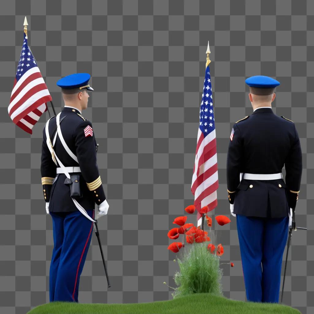 Two military men standing with American flags on a hill